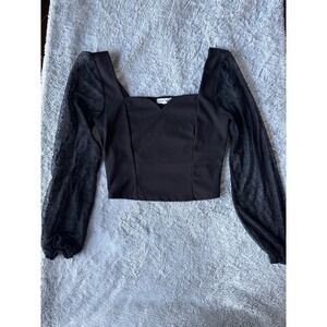 Moa Moa Black Mesh Puff Sleeve Crop Top Sweetheart Neck Y2K Goth S Small